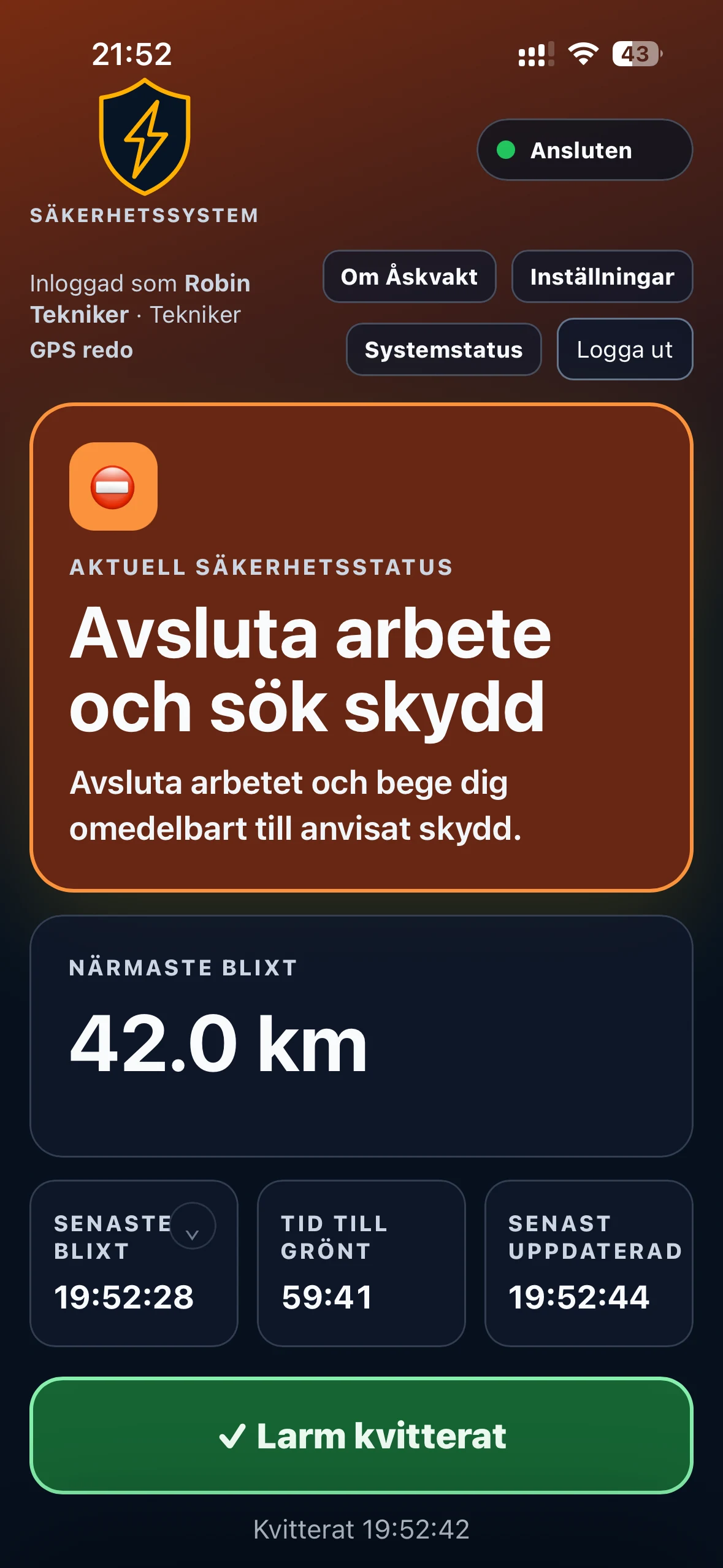 Åskvakt teknikerapp med säkerhetslarm och kvittering
